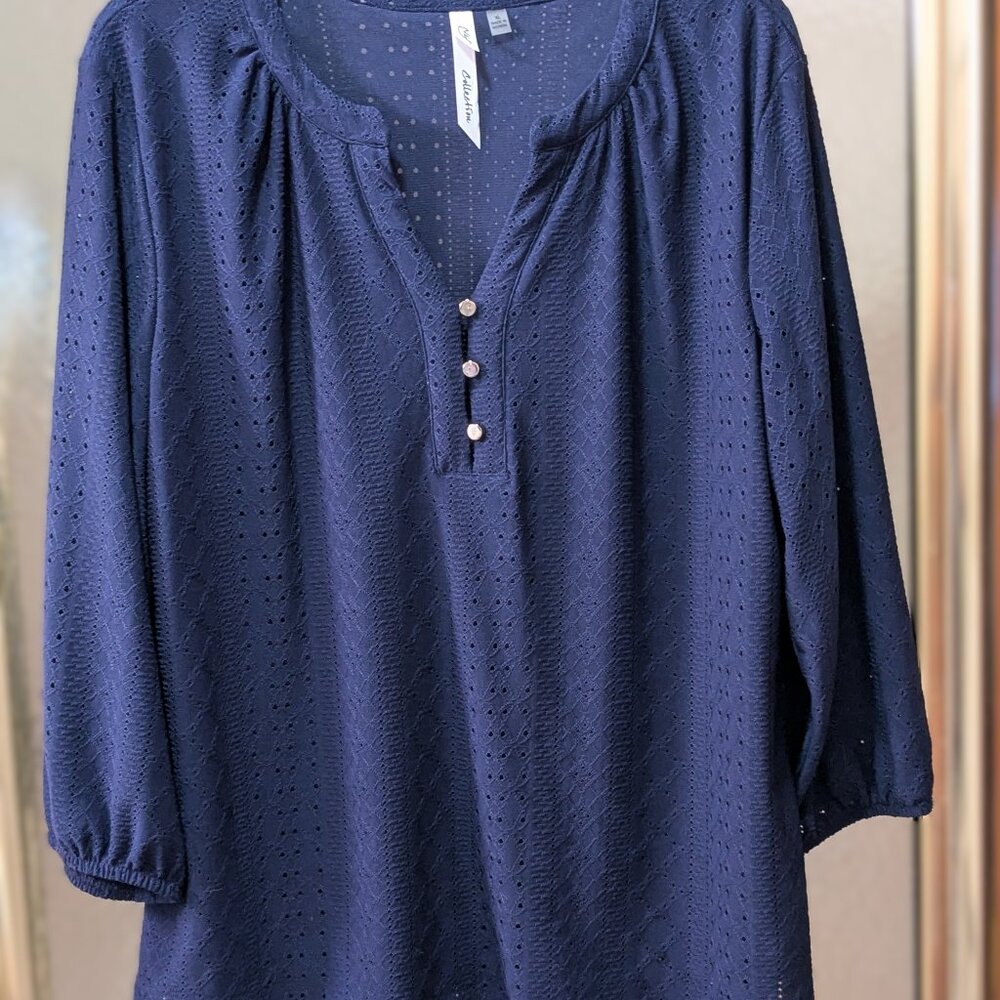 Navy Blue Eyelet Lined Blouse